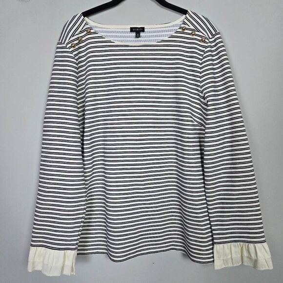 Talbots Tops - Talbots Womens Ruffle Long Sleeve Top XL Black Stiped Nautical Old Money Preppy